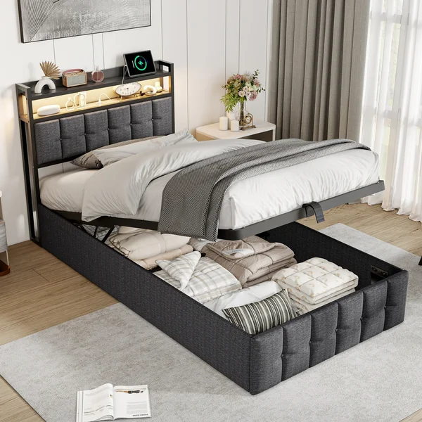 Fangange Single bed 90x200 cm,Children's upholstered bed, Storage bed, Youth bed,skin-friendly linen,wooden strips