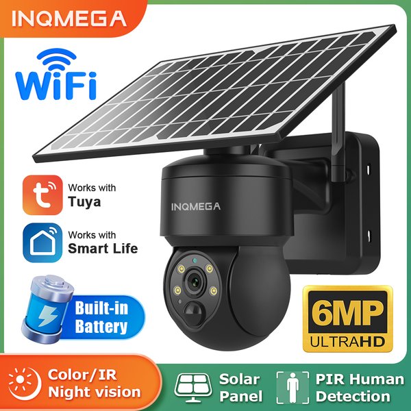 INQMEGA Tuya Smart Life Caméra solaire 6MP WiFi PTZ, caméra de sécurité CCTV sans fil, suivi humain PIR, vision nocturne couleur, IP65