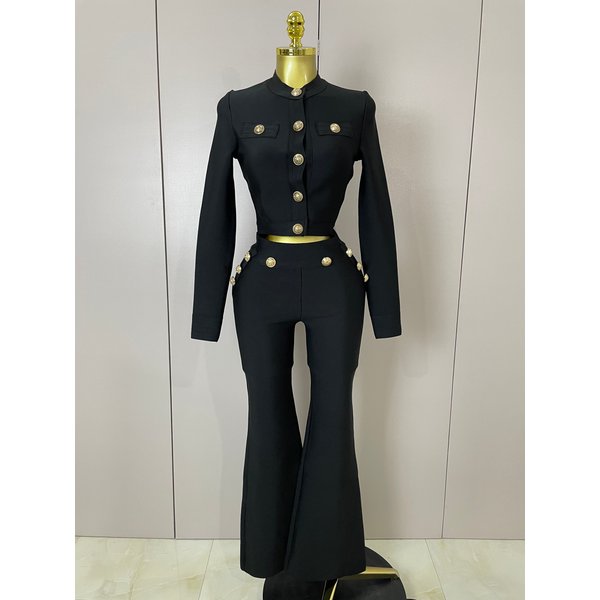 2025 New High Quality Golden Buttons Short Coat Top And Flare Pants Bandage 2 Pieces Set Woman Celebrity Evening Party Vestidos