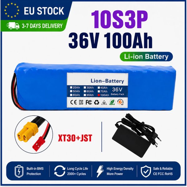10S3P 36V 100Ah 18650 Lithium-Akku-Pack XT30-JST-Stecker 1000W mit eingebautem BMS Ersatzakku für E-Bike, modifiziertes Fahrrad, Elektroroller, Elektrofahrzeug, Lager in Polen, EU-Lokalbestand,