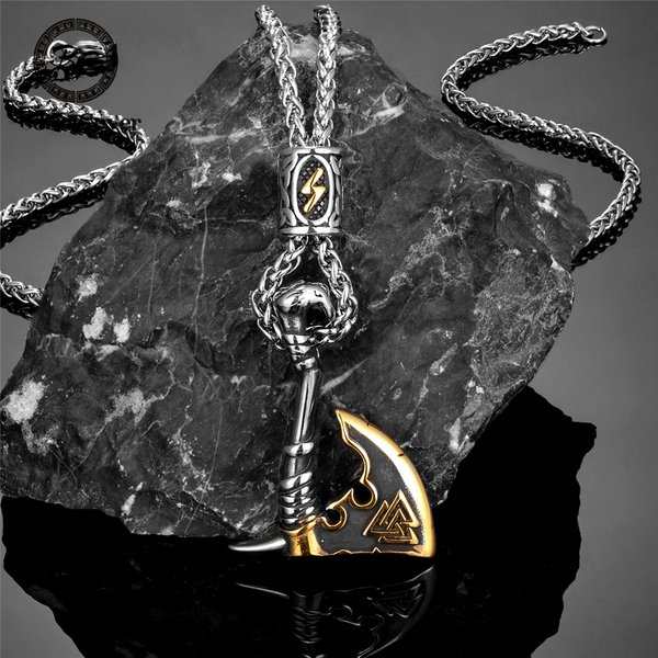 Colliers de hache Vikings pour hommes, ne se décolore jamais, Runes nordiques, pendentif d'auto-défense en acier inoxydable, amulette Valknut, bijoux scandinaves