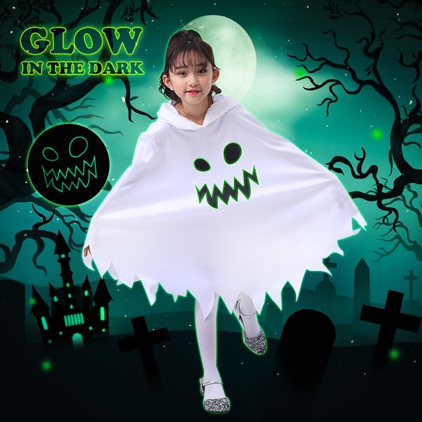 Kind Junge Mädchen Niedlicher weißer Geist Dämon Glow In The Dark Cape Cosplay Kostüm Kinder Kostüm Leistung Halloween Mottoparty