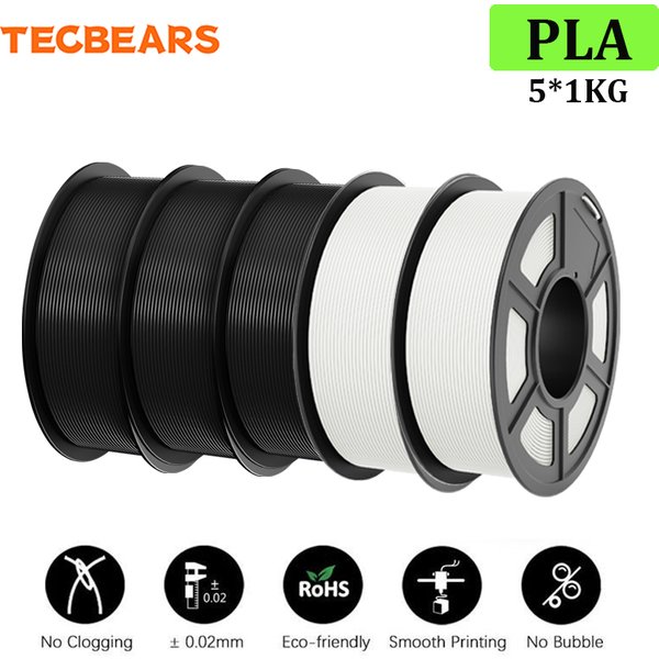 TECBEARS 3D-Druckfilament PLA 5 kg/5 Rollen 1,75 mm ±0,02 mm Umweltfreundlich Hohe Zähigkeit Vakuumverpackung FDM DIY Geschenk
