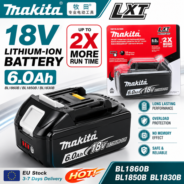 100% Original Makita Wiederaufladbarer Elektrowerkzeug-Akku, Austauschbarer LED-Lithium-Ionen-Akku, 6,0 Ah 18V LXT BL1860B BL1860BL1850 BL1830