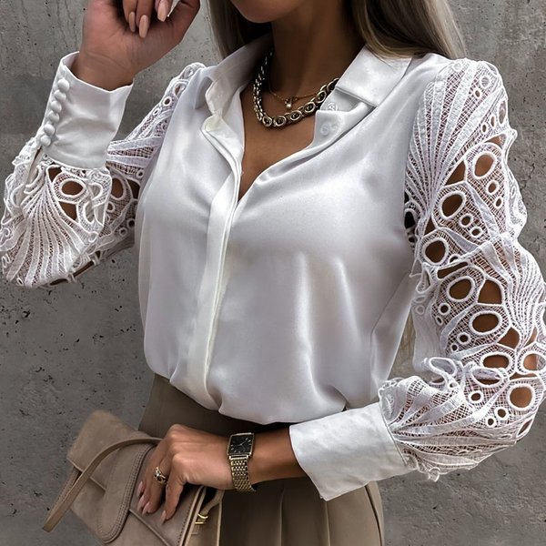 Weiße sexy Spitze aushöhlen Damenbluse Herbst 2025, Frühling, schwarzes Top, Vintage-Hemden mit Knöpfen, lange Ärmel, Mesh-Design, Tops 19948