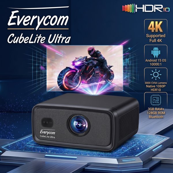 Everycom CubeLite Ultra Smart Android 15 Projektor 3000 CVIA Lumen Native 1080P Full HD 4K-Dekodierung 3GB+128GB Autofokus Auto-Keystone MEMC HDR10 Bluetooth 10000:1 LED Heimkino-Beamer Proyector