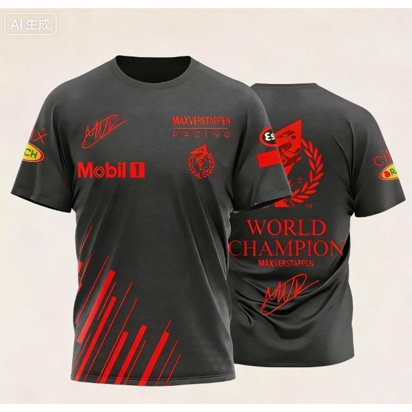 T-shirt avec la signature du champion du monde et les logos de l'événement, vêtement décontracté confortable pour les fans de course