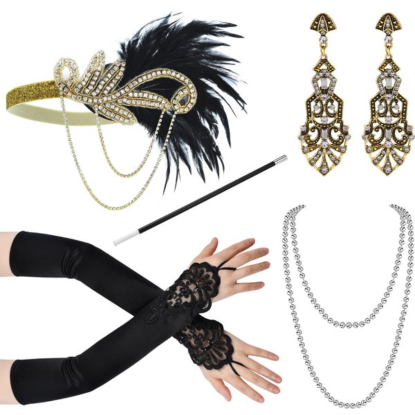 5pcs 1920 Makeup Ball Accessories Gatsby Party Feather Alloy Headband Pearl Necklace Long Smoke Rod Glove Set