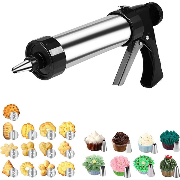 LMETJMA Cookie Press Kit Biscuits Maker Gun Sets With 13 Cookie Press Molds & 8 Pastry Piping Nozzles Cake Decorator Sets KC0225