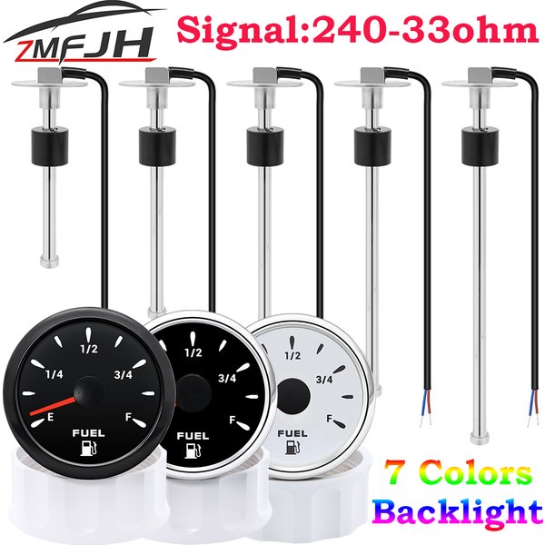 Jauge de niveau de carburant 52MM avec rétroéclairage 7 couleurs, capteur de niveau de carburant en acier inoxydable 240-33 ohms, 100-500mm, compatible bateau, voiture, camion, 12V 24V