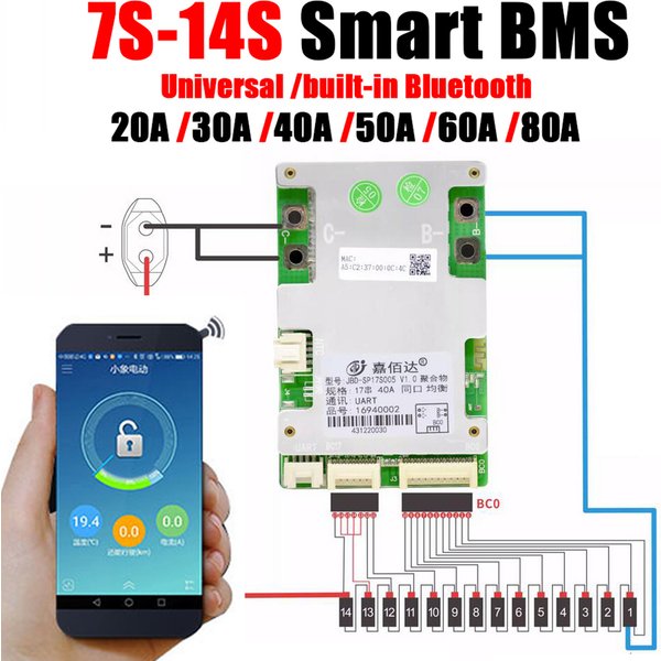 JBD Bluetooth Smart BMS 7S to 17S 10S 13S 14S 16S Lithium Battery Protection Board 24V 36V 48V 60V Li-ion Lipo 20A 40A 50A 60A