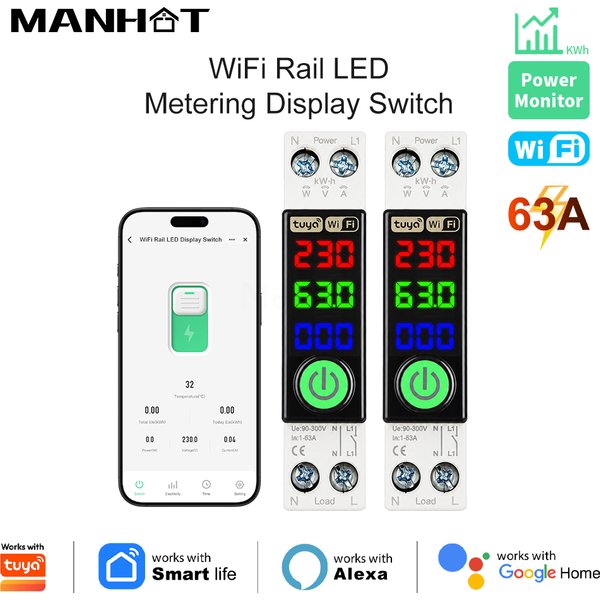 Disjoncteur intelligent WiFi MANHOT 1P+N 63A sur rail DIN avec affichage LED de la consommation, commande vocale pour Tuya Alexa