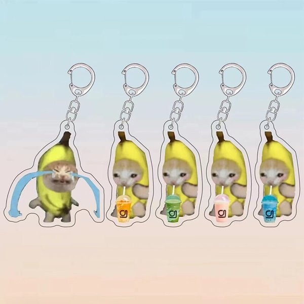 5/6/7 pièces, porte-clés pendentif chat banane joyeux, porte-clés en résine de dessin animé amusant, porte-clés, accessoires DIY pour sacs et clés, cadeau pour étudiant A-