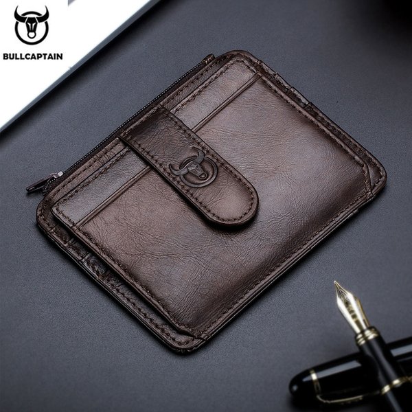 BULLCAPTAIN en cuir véritable RFID bloquant fermeture éclair porte-carte chariot de crédit portefeuille Mini mince portefeuille porte-cartes et porte-cartes d'identité homme d'affaires