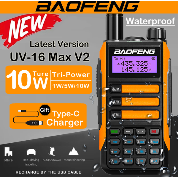 Baofeng UV-16 Max Walperforated Talkie militaire UV 16 Plus 10W injuste étanche VHF UHF touristes bande bidirectionnelle radios chargeur USB-C