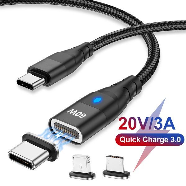 Câble de données magnétique PD 60W, charge rapide, USB C vers VopeC, Micro rette de données pour iPhone, Samsung, fil de chargeur magnétique, adaptateur USB A