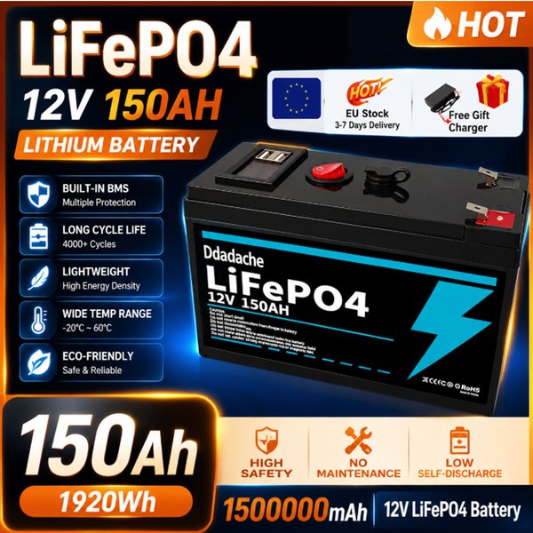 12V Lithium-Batterie 150Ah LiFePO4 4000+ Deep Cycles, integriertes BMS, 10 Jahre Lebensdauer, für USV, Kajak-Fischfinder, Solarpanel, Radio