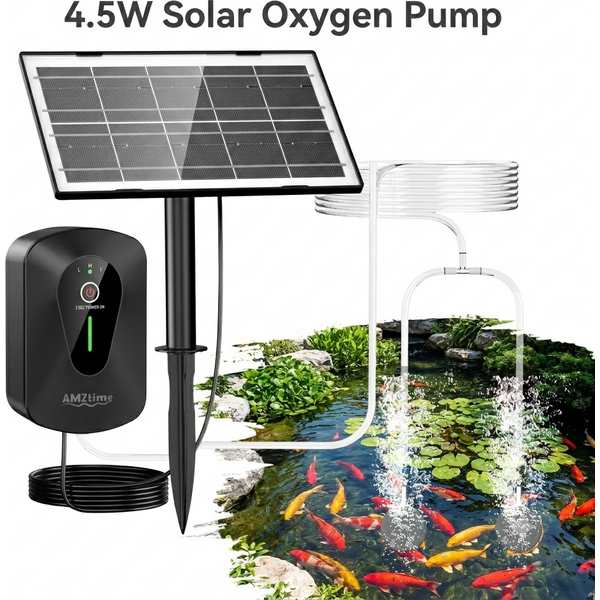 4,5W Solar-Teichbelüfter, Solar-Sauerstoffpumpe mit 2200mAh Akku & 2 Luftbelüftungssteinen, Geräuscharme Solar-Luftpumpe für Fischteich/Tank