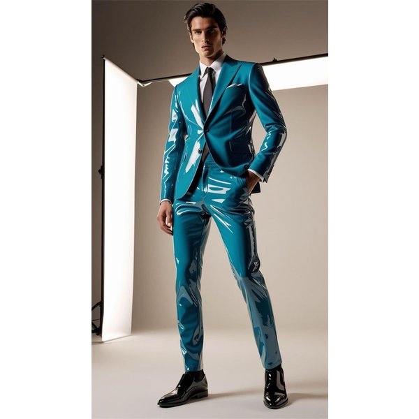 Ensemble de costumes en cuir PU bleu pour hommes, 2 pièces, Blazer + pantalon, smoking de mariage, veste formelle de bal de bureau, manteau d'affaires