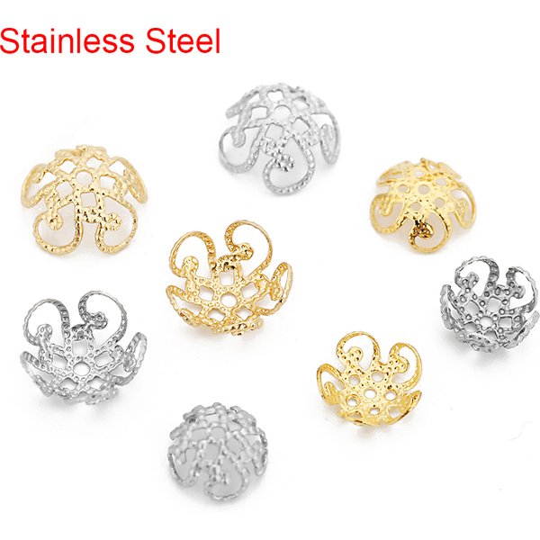 Embouts de perles de fleurs en acier inoxydable, 50 pièces, 8mm 10mm, perles d'espacement en métal couleur or pour boucle d'oreille, collier, résultats de fabrication de bijoux