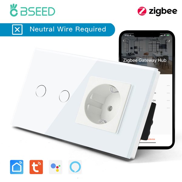 BSEED Zigbee-Schalter 1/2/3-fach Intelligenter Sensorschalter Tuya Smart Life Steuerung Ohne Neutralleiter Mit Normaler EU-Wandsteckdose