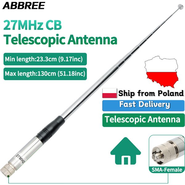Antena CB teleskopowa ABBREE 27MHz z mocowaniem składanym 20W 2.15dBi do radiotelefonów CB Cobra, Midland, Uniden, Maxon, President, Anytone, Bajeton, Radtel
