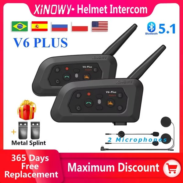 XiNOWy-Oreillette Bluetooth V6 PLUS pour casque de moto, appareil de communication étanche pour 6 motocyclistes, portée 1200m, intercom 850mAh