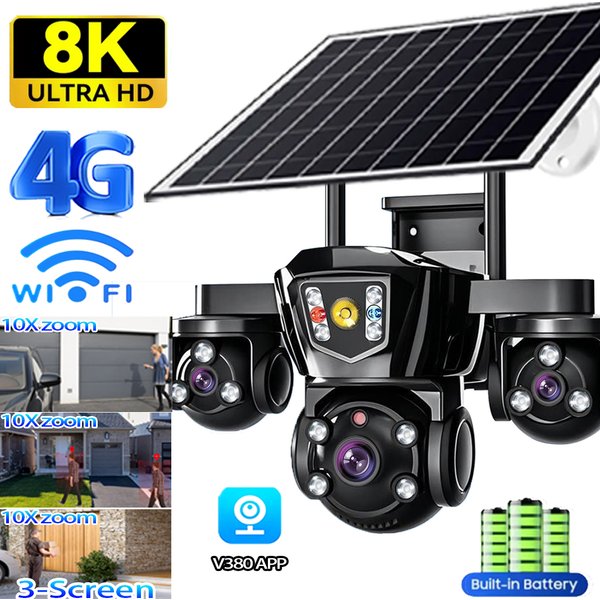 Kamera solarna 4G z trzema obiektywami 15MP, trzema ekranami, WiFi, 10-krotnym zoomem cyfrowym, automatycznym śledzeniem, do monitoringu zewnętrznego, V380 Pro