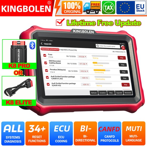 KINGBOLEN K8 PRO / K8 Elite Vollsystem-Bidirektionales Scan-Tool, 8-Zoll-OBD2-Scanner, Auto-Scanner, lebenslange kostenlose Updates, 34+ Reset-Funktionen, aktive Tests, ECU-Funktion, FCA AutoAuth,