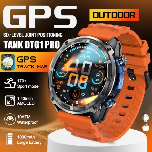 Nowy Zewnętrzny Precyzyjny Smartwatch GPS GNSS z Mapami dla Mężczyzn, Wodoodporny 10TM, Bateria 1000mAh, Ponad 170 Trybów Sportowych, Połączenia Bluetooth, Smartwatch AMOlED