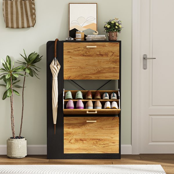 Meuble à chaussures basculant, étagère à chaussures mince, rangement de chaussures avec poignées, côtés en bois, 3 niveaux, étagère ouverte, meuble inclinable étroit pour la maison