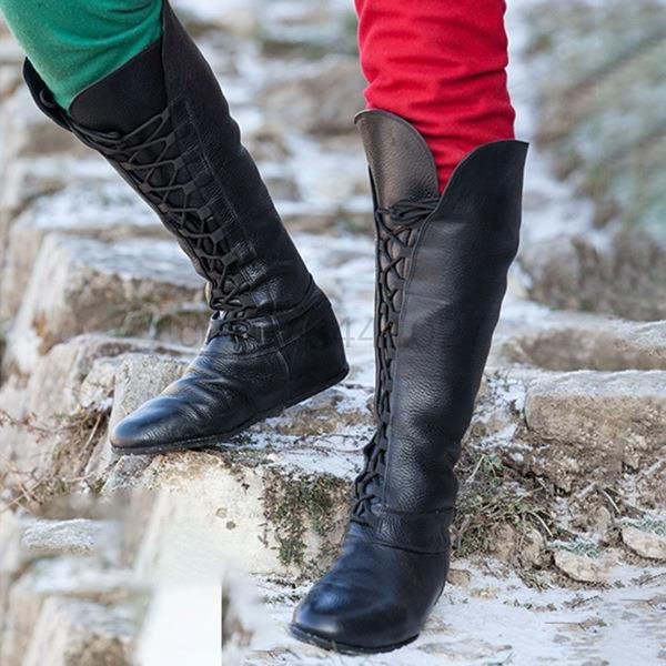 Medieval Retro Women Men Leather Knight Boots Knee-High Flat Shoes Fashion Round Toe Rome Casual Vintage Bandage Boot Size 34-43