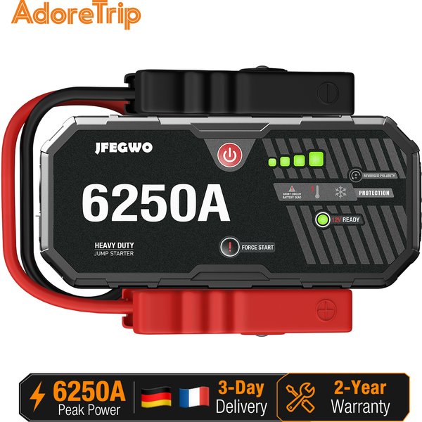 AdoreTrip Auto Starthilfe 6250A 12V Batterie Booster Powerbank für PKW SUV 48 Monate Standby 2 Jahre Garantie