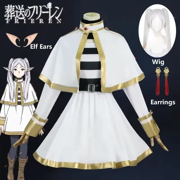 Sousou No Frieren Cosplay Kostüm Perücke Schuhe Anime Figuren Zauberer Kleid Elf Ohr Halloween Party Weihnachten für Frauen