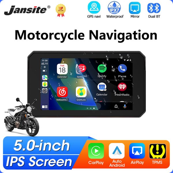 5-Zoll-Motorrad-Navigationsgerät mit drahtlosem CarPlay, Android Auto, Dual-Bluetooth, Moto-Monitor, Unterstützung für TPMS, IPX7 wasserdichtes Display