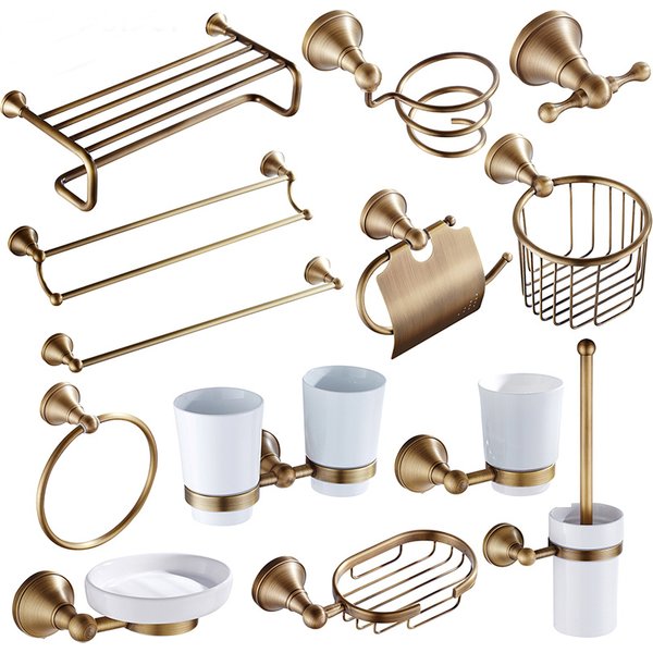 Accessoires de salle de bains en laiton Antique, ensemble de quincaillerie, porte-serviettes, porte-papier hygiénique, brosse de toilette, porte-savon de douche