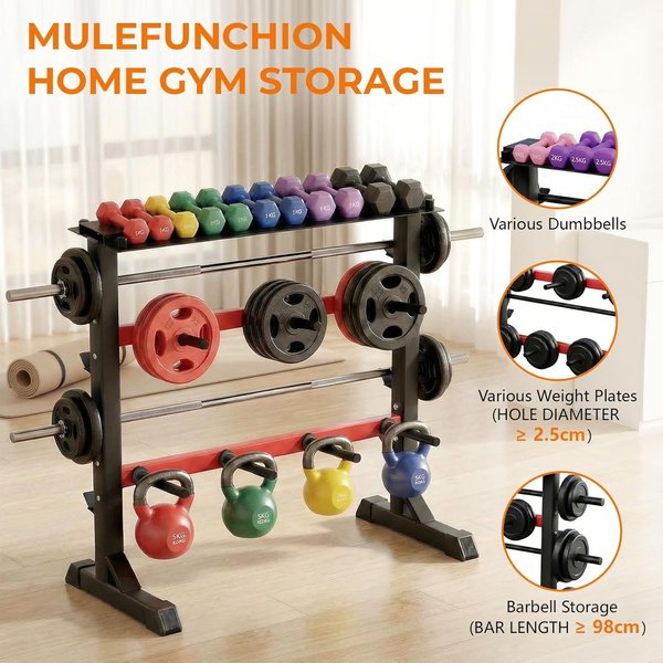 3-stufiges Hantelregal aus Stahl, Langhantelständer, Gewichtsplattenständer, Gewichtsständer für Heimfitness bis zu 300 kg, 95 x 46,5 x 100 cm