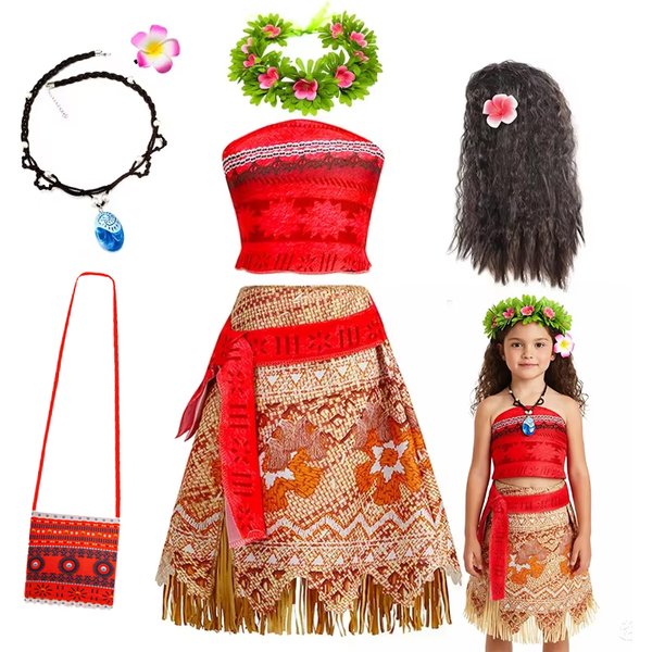 Mädchen Moana Prinzessinnenkleid für Kinder Karneval Cosplay Vaiana Kostüm Kindergeburtstag Party Kopfschmuck Halskette Blumen Kleidungsset