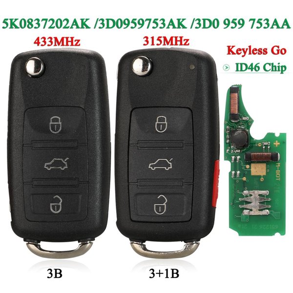 Jingyuqin 315MHz/433MHz ID46 Für VW Volkswagen Touareg Passend für Audi A8 S8 Klappbarer Fernschlüssel 5K0 837 202 AK /3D0959753AK /AA Keyless Go