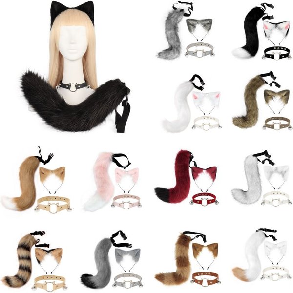 3 pièces oreilles de renard mignonnes oreilles de loup bandeau + queue en peluche + collier de cloche pour Performance accessoires de Costume d'halloween habiller