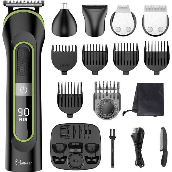 Tondeuse à cheveux électrique professionnelle HATTEKER 5-en-1, kit de toilettage pour hommes, entièrement lavable à l'eau, écran LED, machine à couper les cheveux
