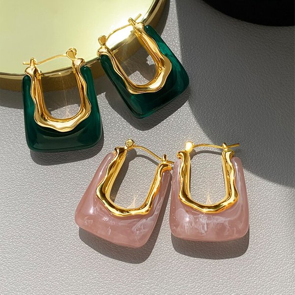 Green Pink Transparent Resin Earrings For Women Geometric Irregular Stud Earrings 2023 New Trendy Ear Jewelry for Party B