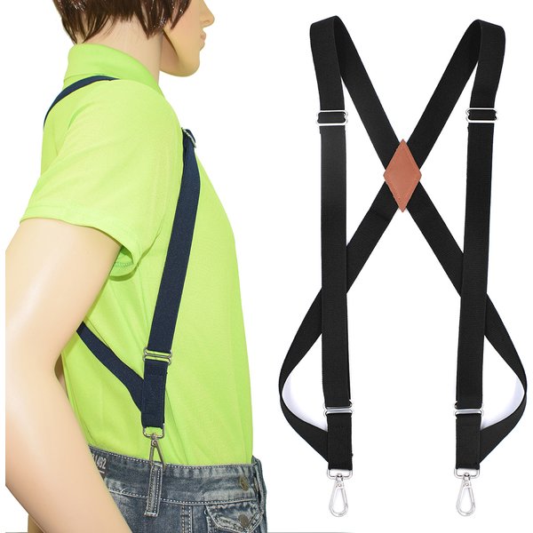 Side Clip Trucker Suspenders for Men Work 2.5cm Wide X-back with 2 Snap Hooks Adjustable Elastic Heavy Duty Trouser Braces Black