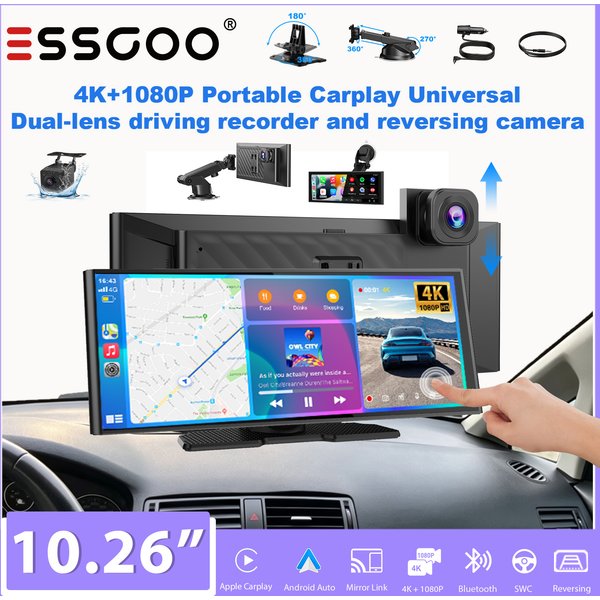 ESSGOO 10,26-Zoll 4K+1080p Kabelloses Tragbares CarPlay-Display mit Front- und Rückkamera Universelles Auto-Stereo für LKWs Android Auto BT AUX FM USB 64GTF Optional