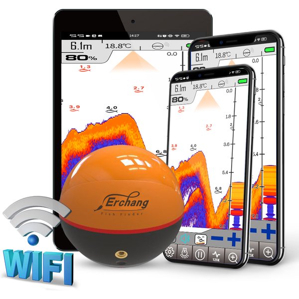 Erchang F68 Détecteur de poissons WIFI 100M Sondeur de pêche sans fil Détecteur d'écho pour la pêche en lac et en mer Compatible avec iOS et Android