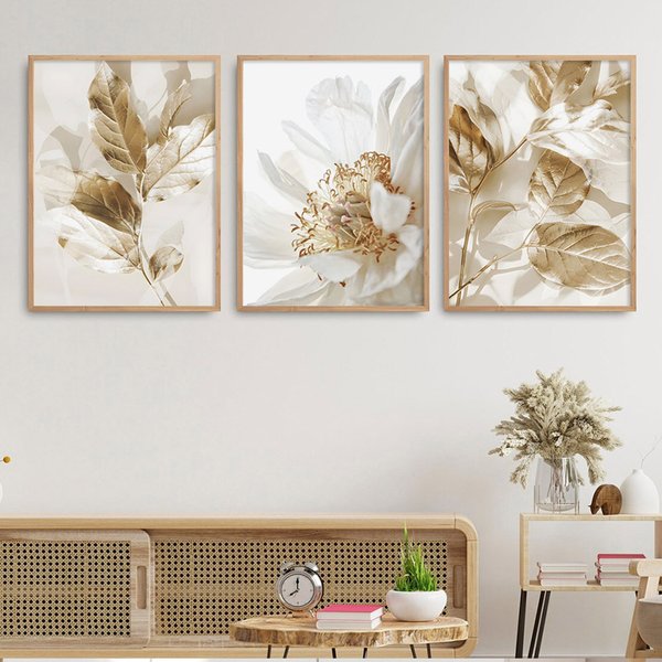 3PCS Rahmenlose Nordic Weiß Floral Goldene Blätter Poster Wand Kunst Leinwand Malerei Drucke Bilder Wohnzimmer Interior Home Decor