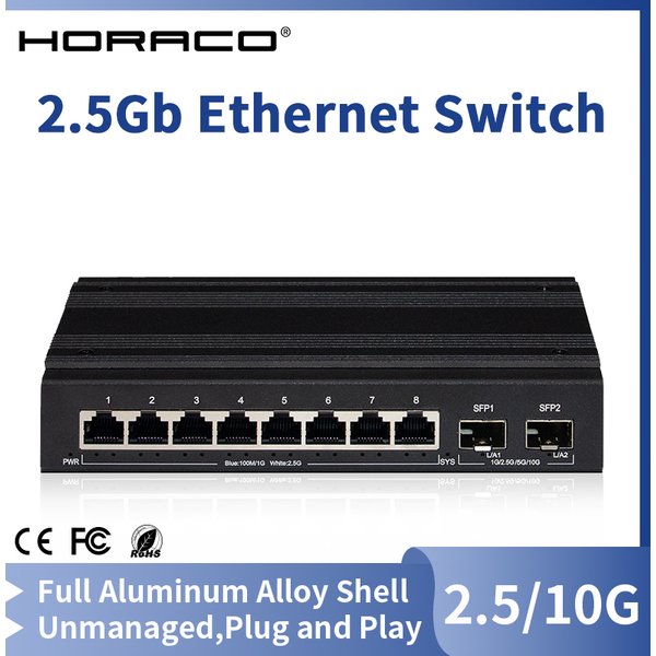 HORACO 2,5G Netzwerk-Switch, 8-Port-Ethernet-Switch mit 2 x 10G SFP+ Plug-and-Play, lüfterloser Homelab-Switch