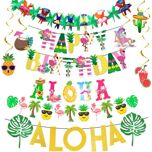 Hawaii Happy Birthday Banner Palm Leaf Urlaub Sommer Party Luau Aloha Partyzubehör Hawaiianische tropische Partydekoration