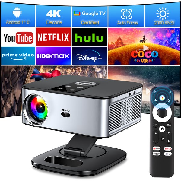 HORLAT Offizieller Google TV Projektor 2000ANSI Bluetooth Sprachsteuerung Autofokus WiFi 6 4K HD Beamer Heimkino Filmprojektor