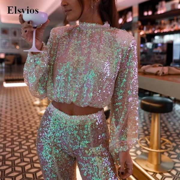 Women Flare Pants 2 Piece Suit Sexy Fashion Sequin Club Party Set Elegant Lantern Sleeve Tops Pullover + High Waist Pant Outfits